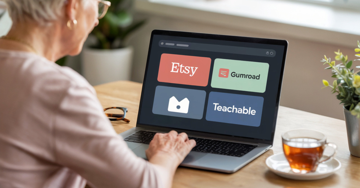 A retired person exploring beginner-friendly platforms like Etsy and Gumroad on a laptop to sell digital products.