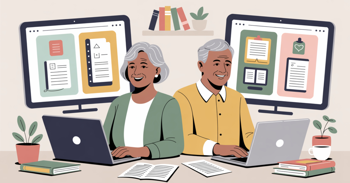 Illustration of two retirees creating digital products on a laptop and tablet at home, showing how easy and accessible digital products are for retirees.
