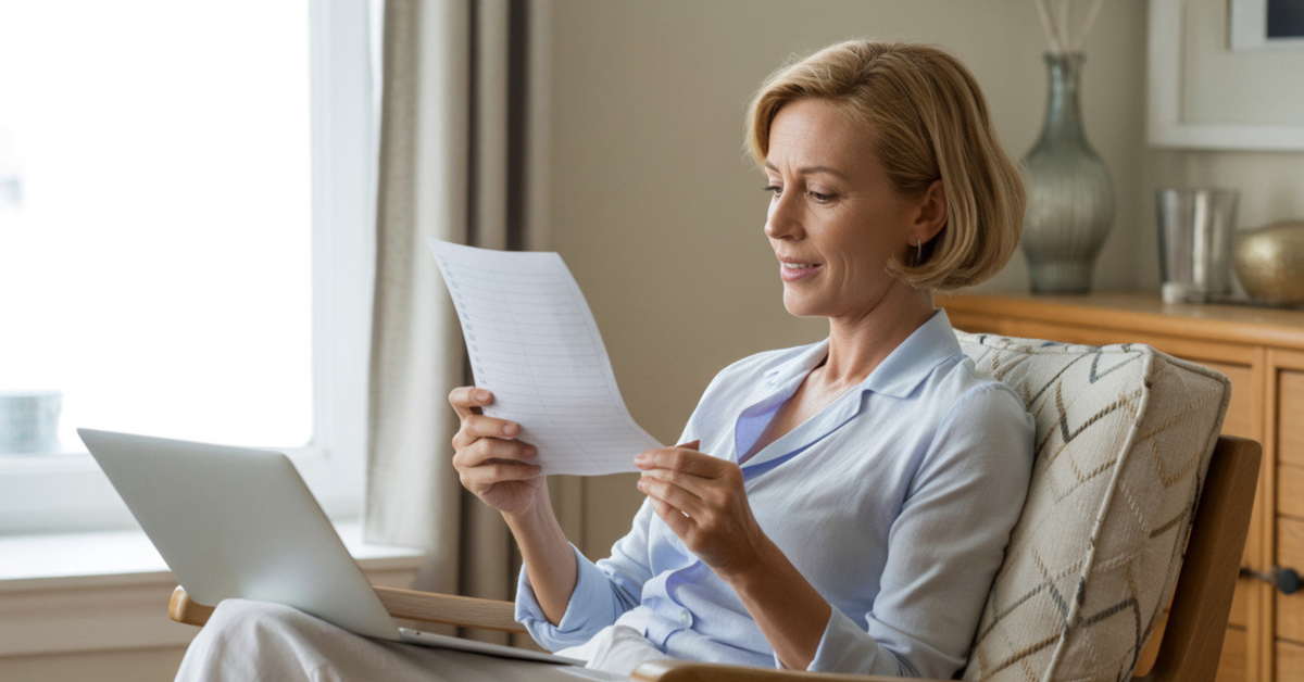 Retired woman calmly reviewing notes, showing quiet confidence and experience