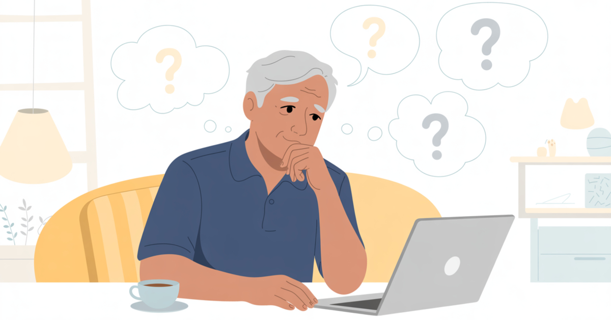 A calm illustration of a male retiree thinking thoughtfully at home, representing common and understandable fears about starting digital products.