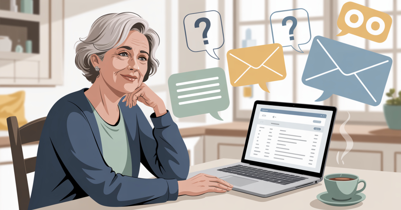 Retired female calmly using a laptop as common email marketing worries fade away, showing reassurance and confidence