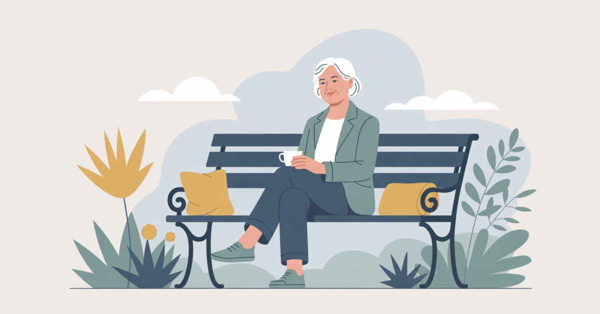 Illustration showing a retired female resting comfortably, representing when gentle wellbeing routines are especially helpful in retirement