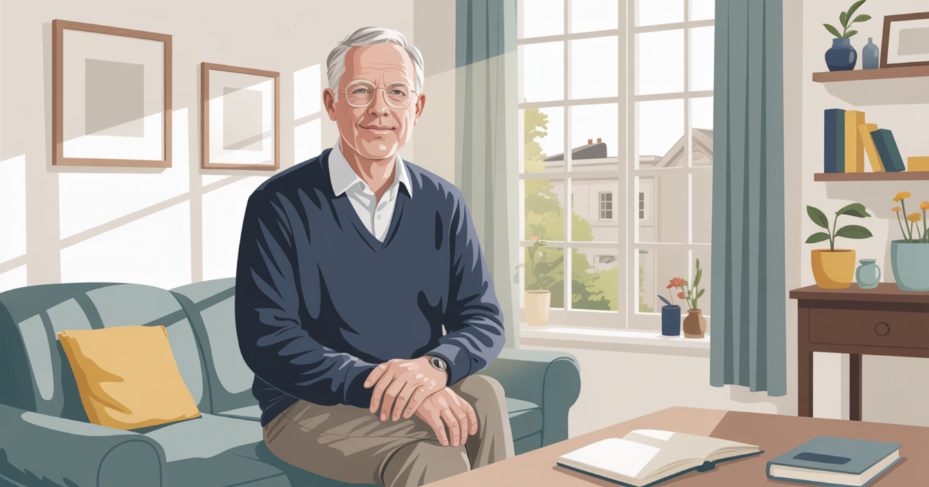 Calm illustration of a retired man in a peaceful home, representing key lessons learned about mental wellbeing after retirement.