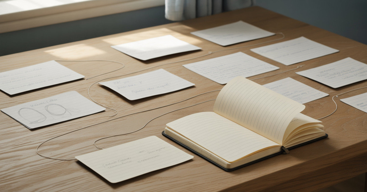 Notes laid out on a table showing how an online course idea connects to a wider plan and next steps
