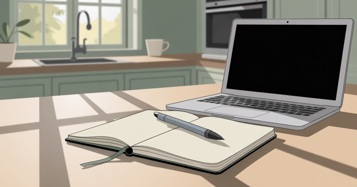 Notebook and pen on a table beside a closed laptop, representing planning and validating an online course idea before building it