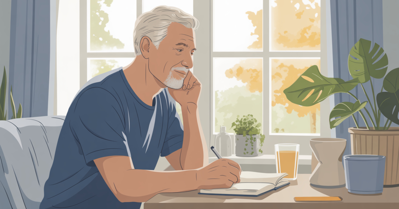 Calm illustration of a retired man enjoying a quiet moment at home, representing simple ways to rebuild mental clarity after retirement
