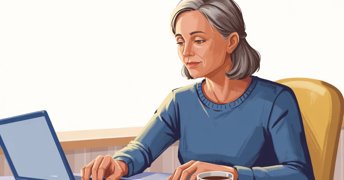 A calm illustration of a retiree selling digital products through an online marketplace without social media or public visibility.