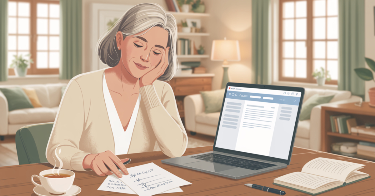 A relaxed female retiree letting go of blogging worries while calmly writing on a laptop at home.