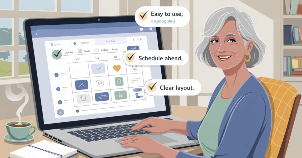 Retired woman reviewing a simple social media marketing tool with a clear layout and easy scheduling features