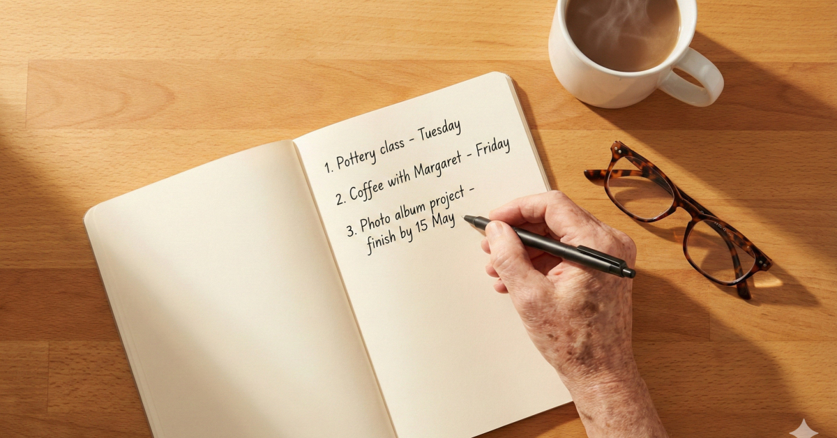 Overhead view of senior hands writing three-line action plan in notebook on kitchen table - new skill, social meetup, and project deadline - representing 10-minute start for retirement brain fog