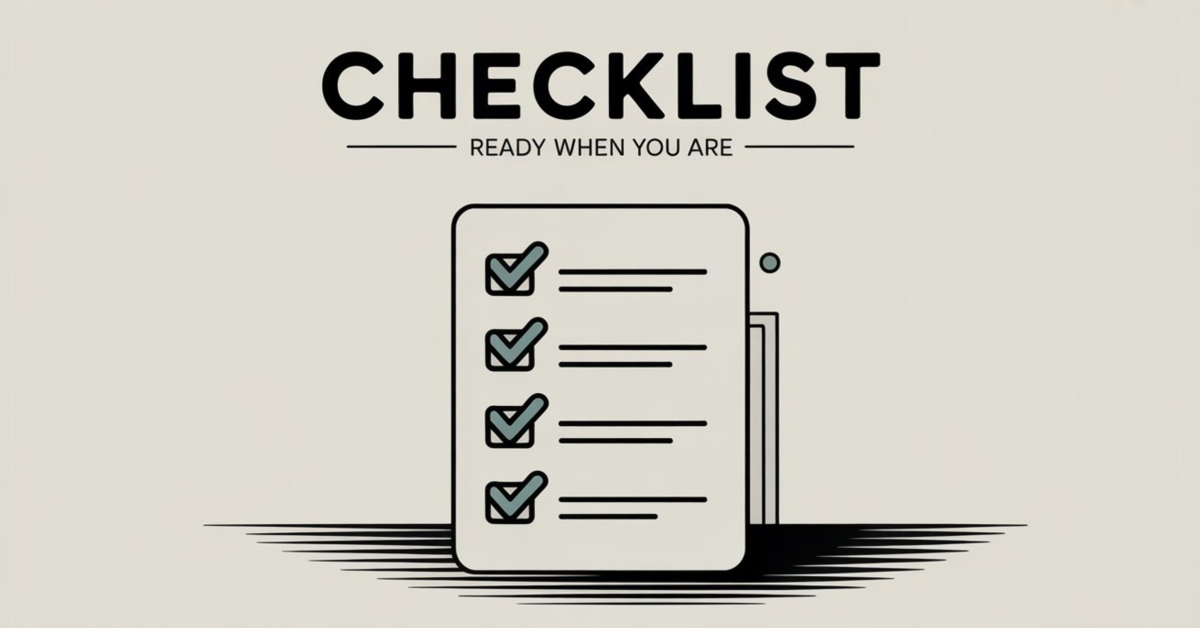 Minimal checklist illustration with three completed checkmarks, representing a calm and practical affiliate marketing checklist for retirees