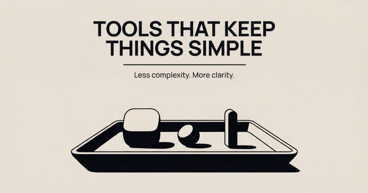 Minimal illustration showing a simple tool tray with three abstract objects, representing calm and easy-to-manage affiliate marketing tools for retirees