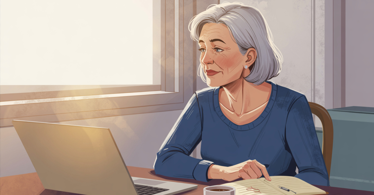 A calm illustration of a female retiree pausing thoughtfully at home, representing a reflective decision about digital product platforms.