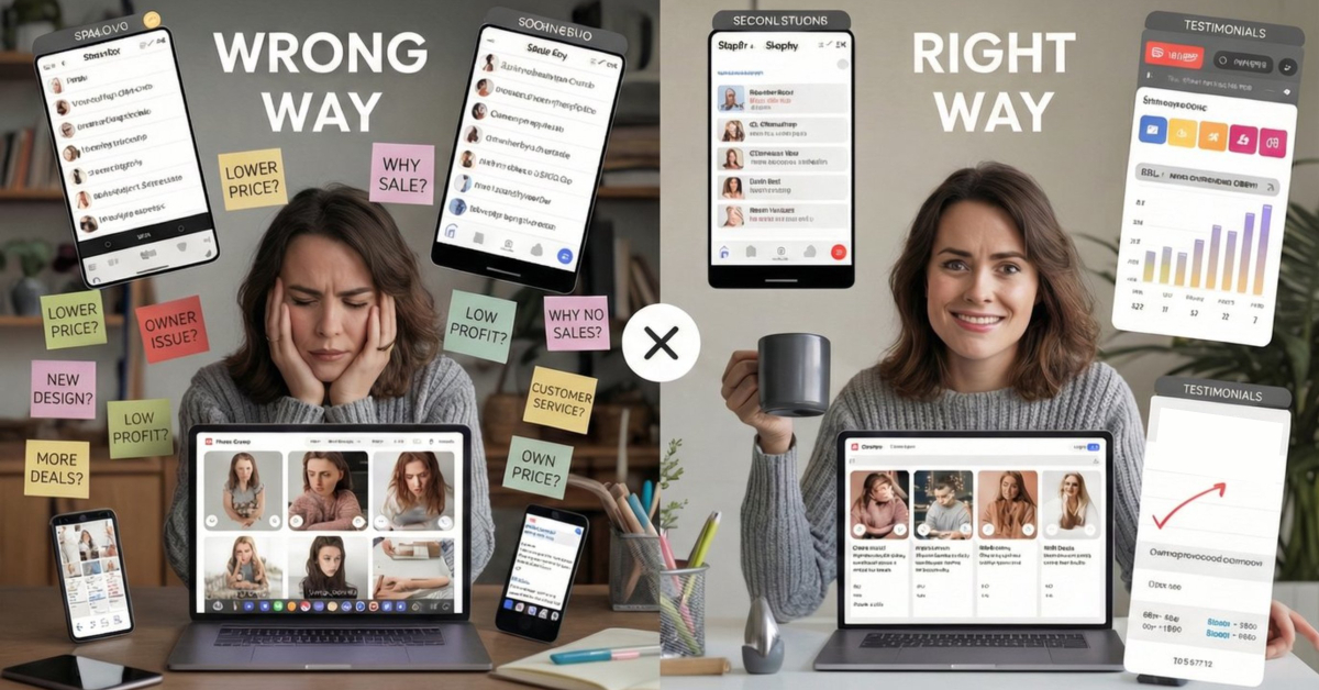 Visual guide showing five common mistakes for Etsy and Shopify sellers: no traffic plan, too many listings, price competition, no retention strategy, and platform overwhelm