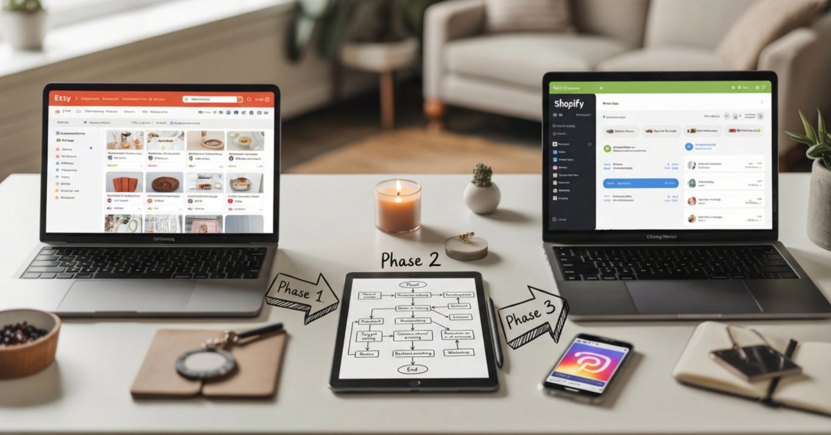 Phased hybrid strategy showing three stages: weeks 1-4 validating products on Etsy, weeks 5-8 adding Shopify store, and ongoing phase using both platforms together for handmade business growth