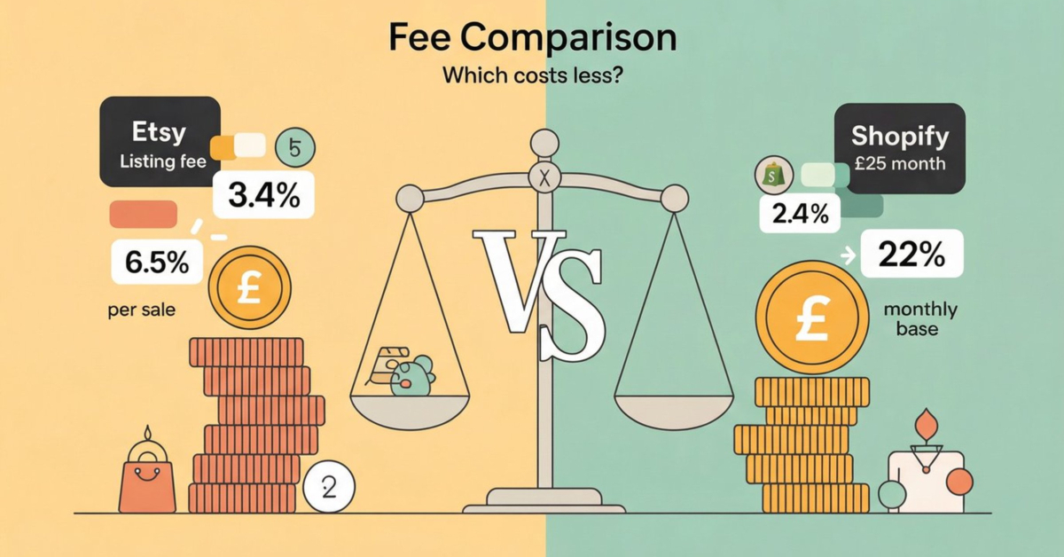 Etsy vs Shopify fee comparison showing per-sale costs for Etsy, including transaction and listing fees, versus Shopify's monthly subscription and payment processing costs