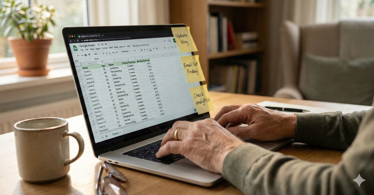 Research notes showing verified examples of UK retirees earning £180 to £680 monthly from affiliate marketing with names and timelines