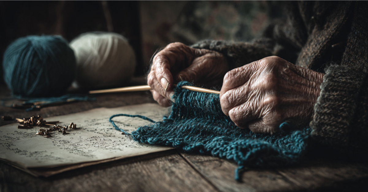 Close-up of an older woman's hands knitting with teal wool beside a handwritten pattern on paper, representing a UK retiree selling handmade crafts or patterns online