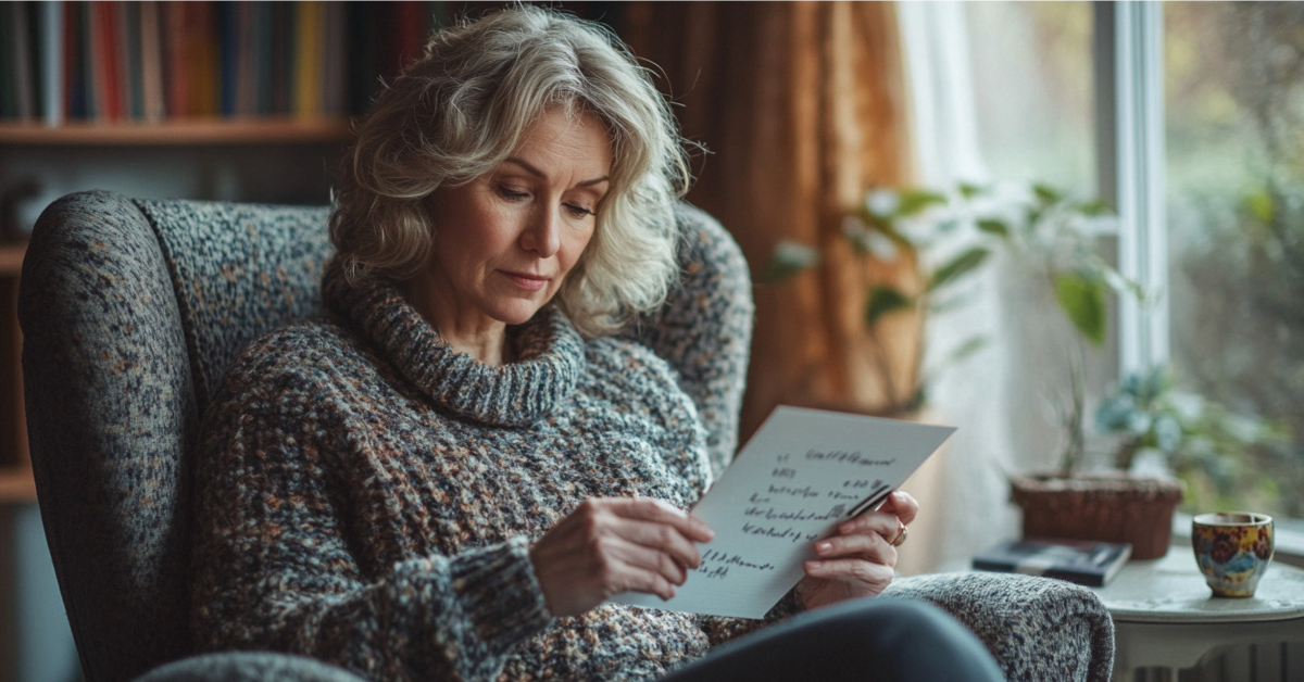 A woman in her early 60s sitting in an armchair reviewing a handwritten list on a notepad, representing a UK retiree deciding which online income route suits her situation