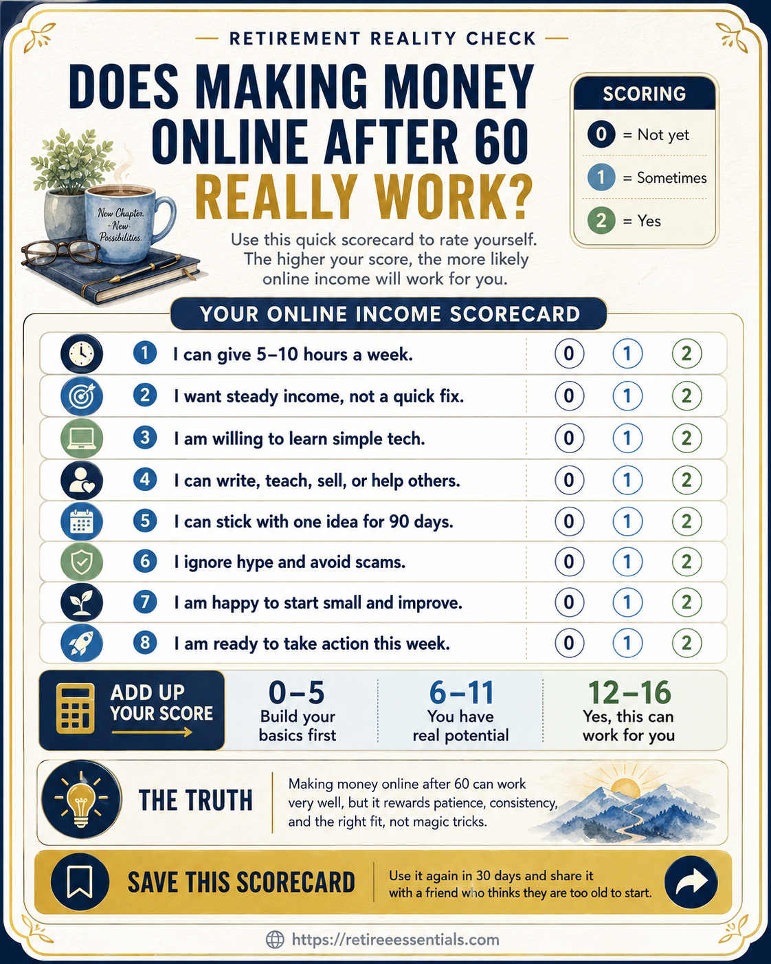 Infographic titled "Does Making Money Online After 60 Really Work?" displays an online income scorecard with 10 statements and a scoring guide to assess online income potential.