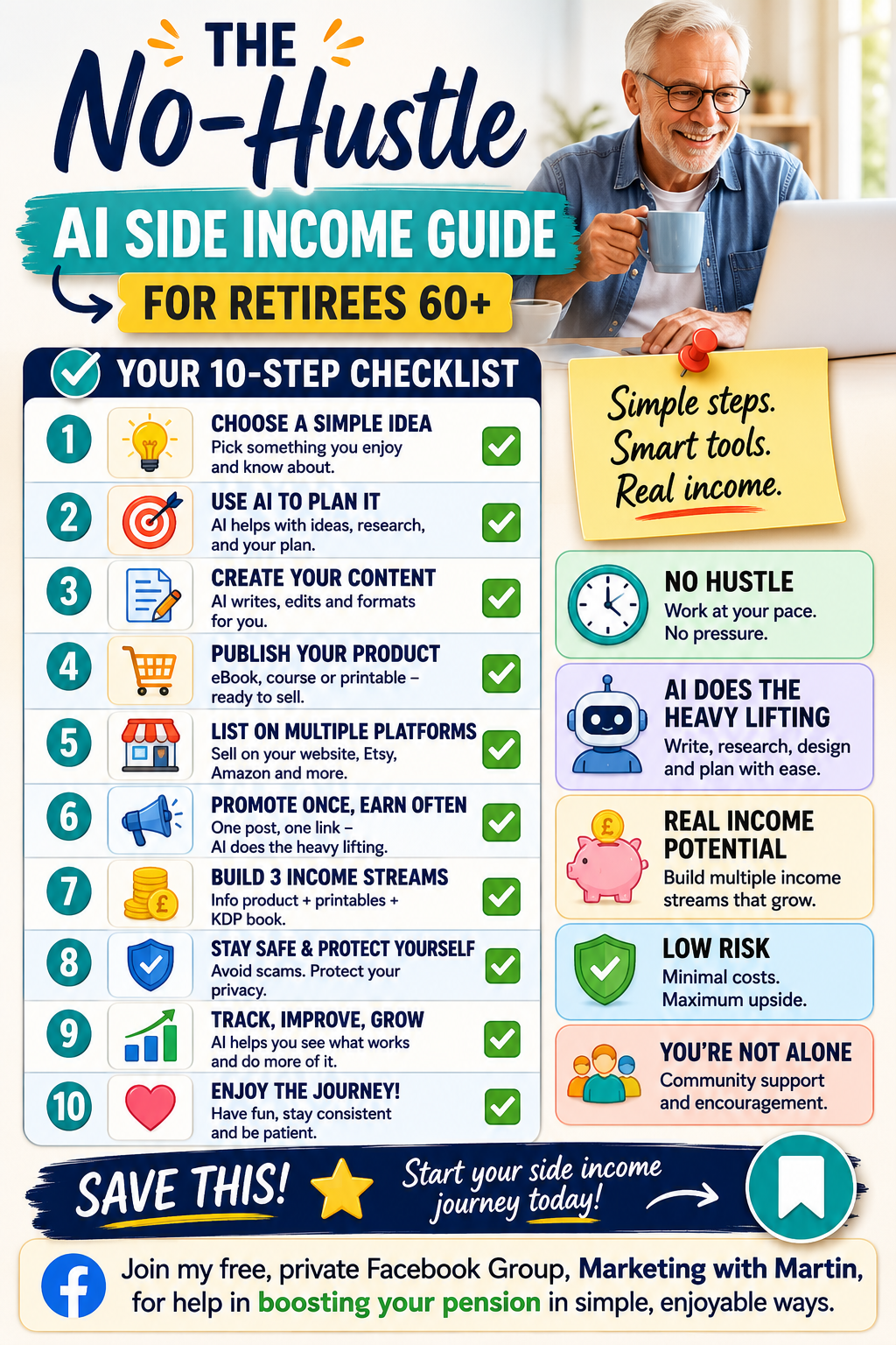 Infographic titled "The No-Hustle AI Side Income Guide for Retirees 60+" with a 10-step checklist to earn extra income using AI, featuring icons and a smiling senior man with a mug.