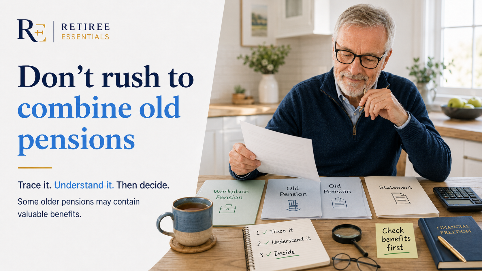 British retiree carefully reviewing old pension statements before deciding whether to combine them.