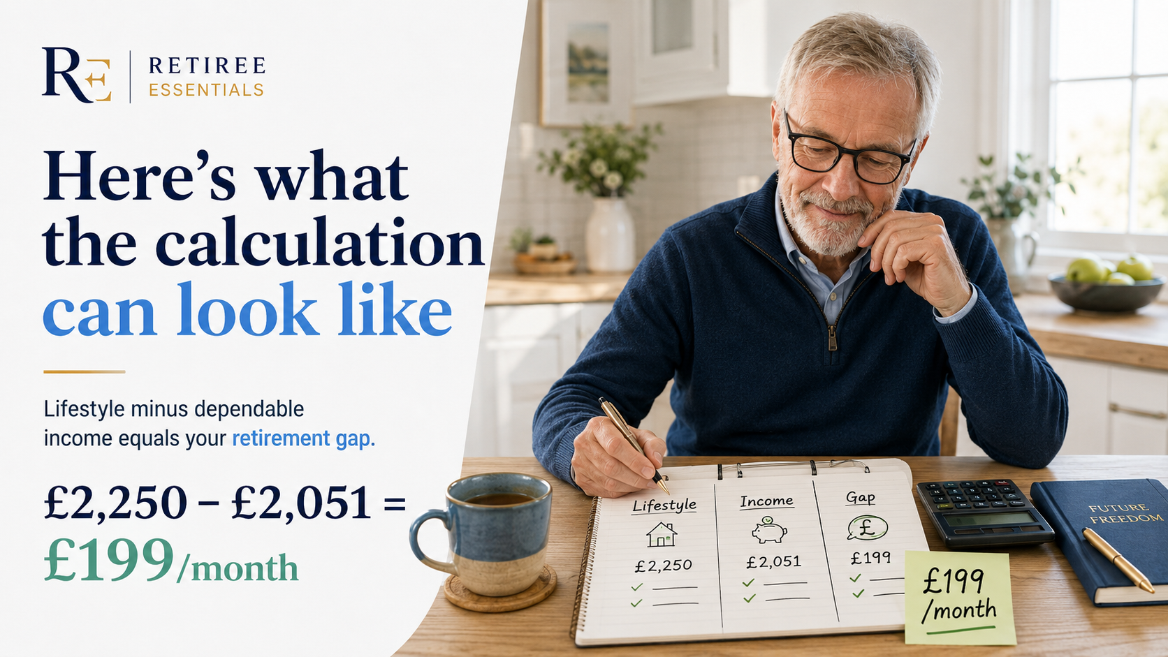 Retired British man calculating his retirement gap, showing £2,250 lifestyle costs minus £2,051 dependable income equals a £199 monthly gap.