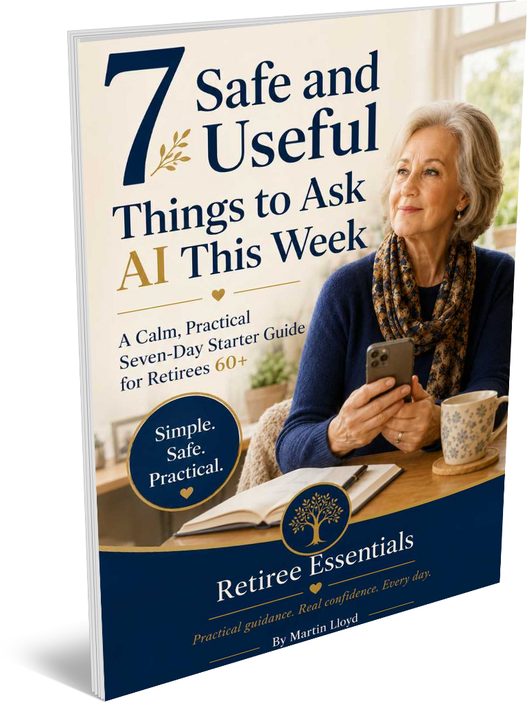 7-Safe-and-Useful-Things-to-Ask-AI-This-Week (3) A book cover titled “7 Safe and Useful Things to Ask AI This Week” shows an older woman holding a mug and pen, sitting indoors, with the subtitle “A Calm, Practical Guide for Retirees 60+”.