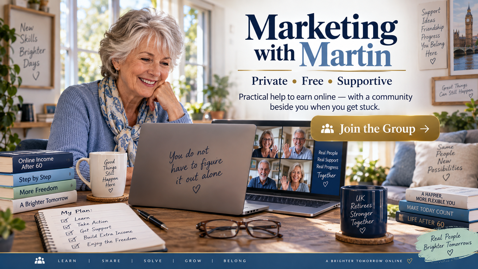 Smiling older woman sits at a desk with laptop, mugs, and notes, participating in a virtual marketing group meeting. Text promotes an online marketing community for people over 60.