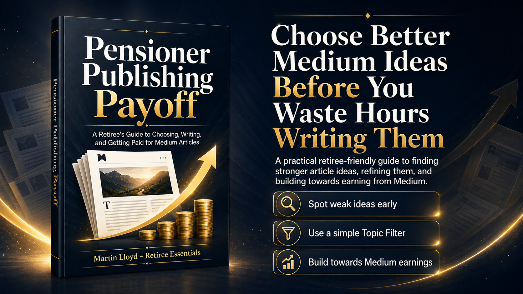 BPromotional graphic for Pensioner Publishing Payoff, showing the eBook cover beside the message “Choose Better Medium Ideas Before You Waste Hours Writing Them”.