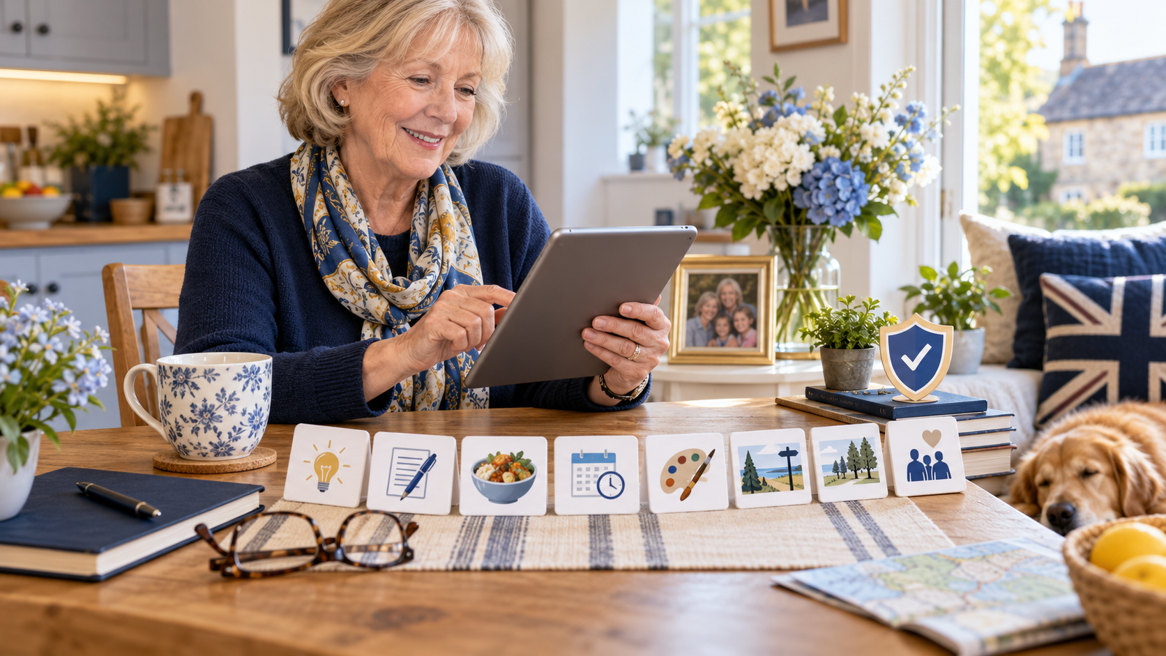 Retired woman using a tablet at home to turn a vague hobby interest into a simple, manageable project plan.