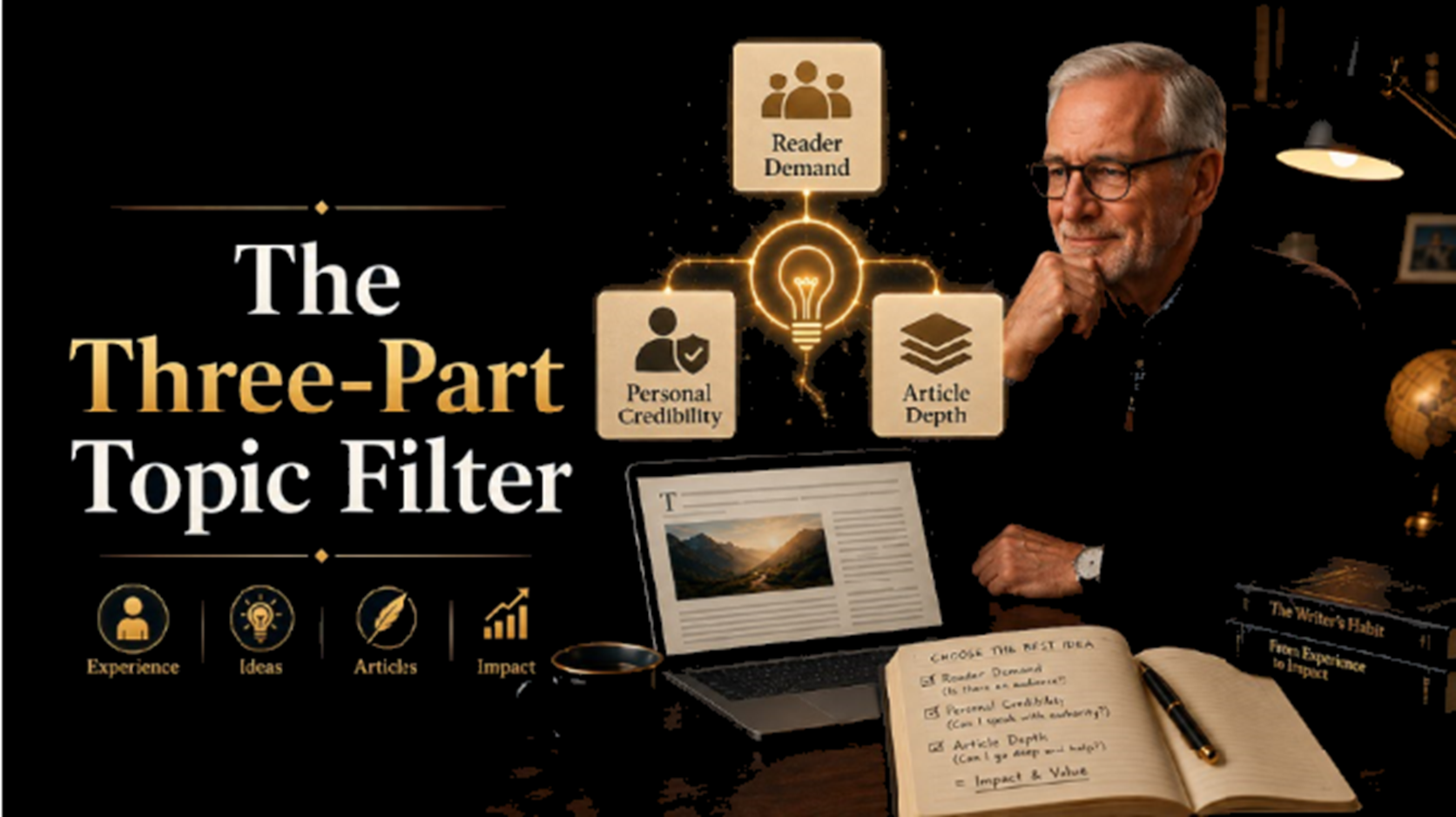 Retired man using the Three-Part Topic Filter to assess a Medium article idea for reader demand, personal credibility and article depth.